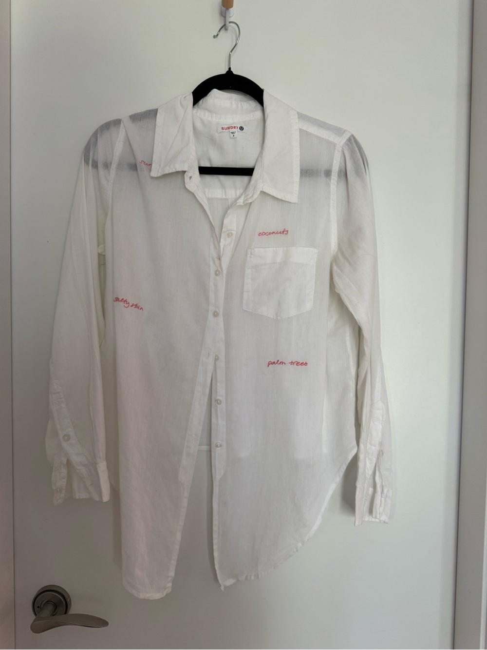 Sundry White Button-Down Shirt with Red Script Embroidery